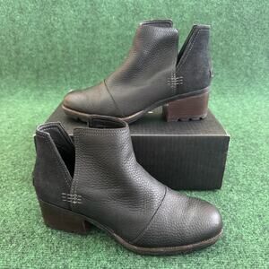 Sorel Cate Cut-Out Bootie Size 8.5 Black Pebbled Leather Suede Block Heel w/ Box
